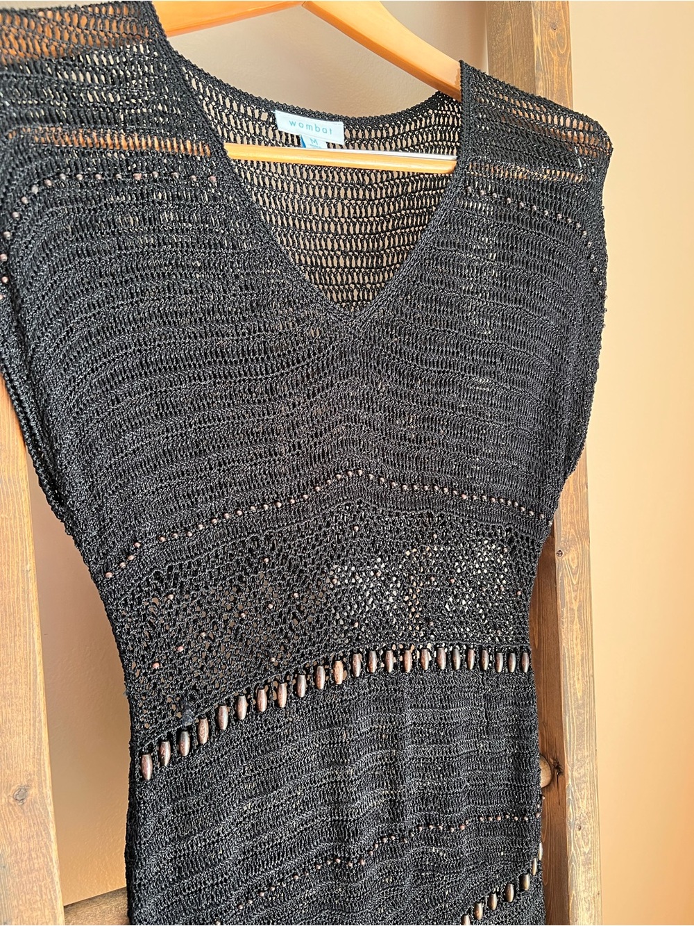 Wombat Black Crochet Knit V-Neck Top